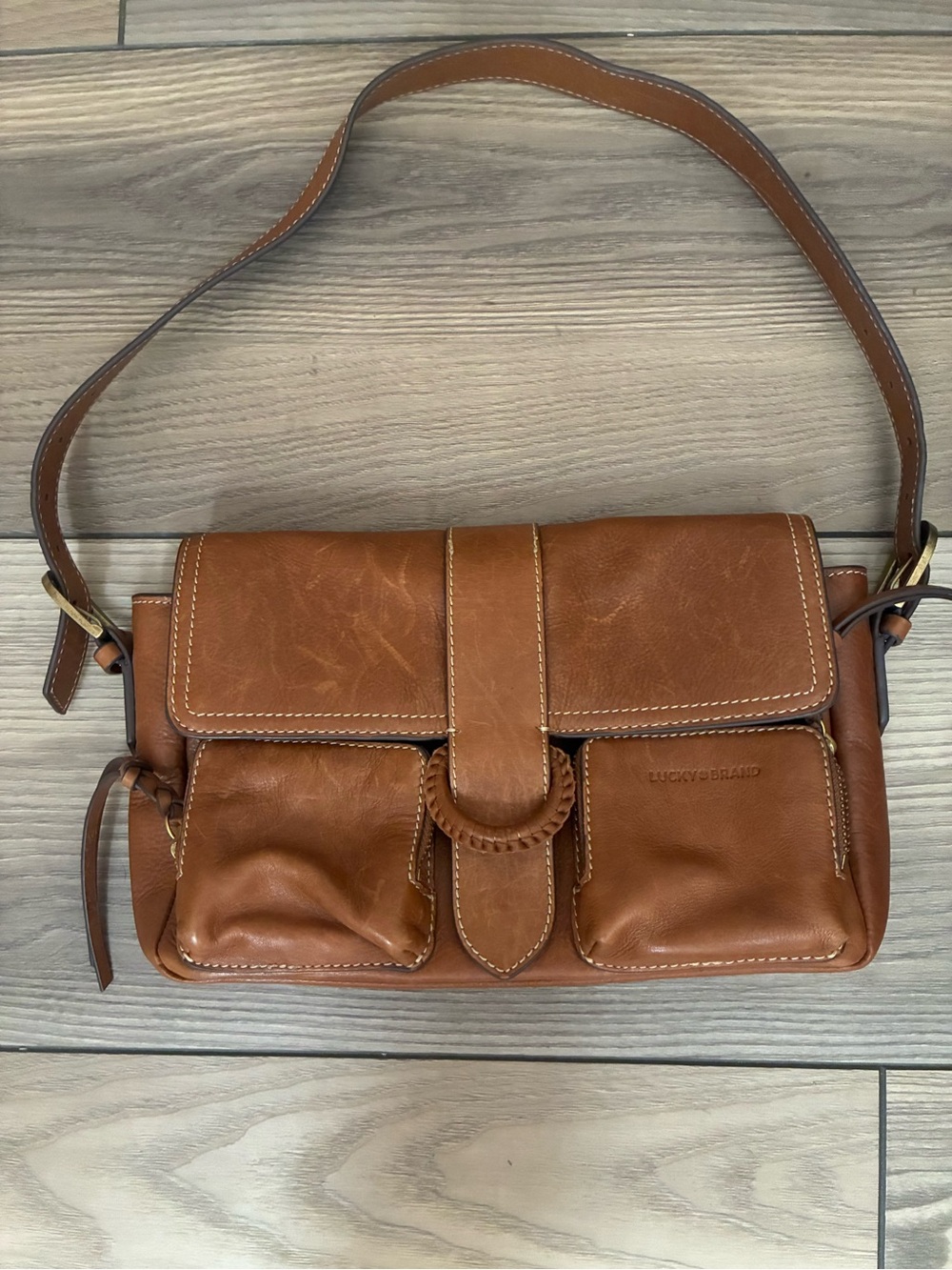 Lucky Brand Brown Leather Messenger Bag with Front Pockets